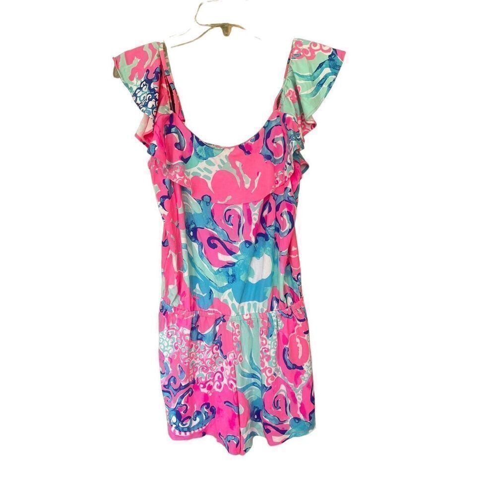 Lilly Pulitzer Womens Pink Cold Shoulder Ruffle Im So Jelly Klea Romper Small